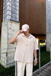 Dokulu Kumaş Krem Oversize Gömlek T1155