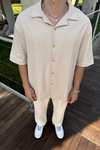 Dokulu Kumaş Krem Oversize Gömlek T1155