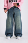 Eskitme Detay Koyu Mavi Baggy Jean Pantolon P981