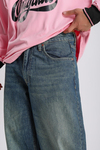 Eskitme Detay Koyu Mavi Baggy Jean Pantolon P981