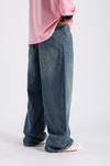 Eskitme Detay Koyu Mavi Baggy Jean Pantolon P981