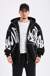 Fullzipp Baskılı Siyah Oversize Sweatshirt SW1214