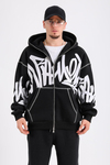 Fullzipp Baskılı Siyah Oversize Sweatshirt SW1214