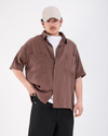 Kahve Modal Kumaş Oversize Kısa Kollu Gömlek