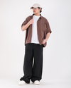 Kahve Modal Kumaş Oversize Kısa Kollu Gömlek