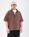 Kahve Modal Kumaş Oversize Kısa Kollu Gömlek