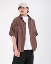 Kahve Modal Kumaş Oversize Kısa Kollu Gömlek