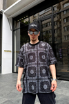 Kani Nakışlı Siyah  Bandana Desen Oversize Tshirt T690