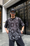 Kani Nakışlı Siyah  Bandana Desen Oversize Tshirt T690