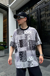 Kani Nakışlı Siyah Beyaz Bandana Desen Oversize Tshirt T698