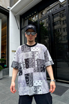Kani Nakışlı Siyah Beyaz Bandana Desen Oversize Tshirt T698