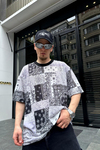 Kani Nakışlı Siyah Beyaz Bandana Desen Oversize Tshirt T698