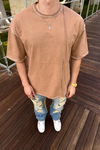 Kontrast Dikiş Detay Kahve Oversize Tshirt T1074
