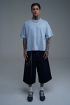 Kontrast Dikiş Lacivert Baggy Jean Şort