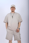 Krem Acid Wash Oversize Şort Tshirt Takım TKM140