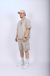 Krem Acid Wash Oversize Şort Tshirt Takım TKM140