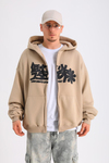 LLS Baskılı Bej Oversize Zipper Hoodie SW1227