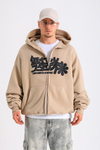 LLS Baskılı Bej Oversize Zipper Hoodie SW1227