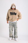 LLS Baskılı Bej Oversize Zipper Hoodie SW1227