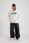 LLS Baskılı Krem Oversize Zipper Hoodie SW1239