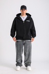LLS Taş Baskılı Siyah Zipper Oversize Hoodie SW1259