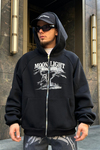 Moonlight Baskılı Siyah Oversize Zipper Sweatshirt SW972