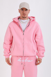 Nakışlı Pembe Oversize Zipper Hoodie SW1348