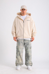 PQS Baskılı Krem Oversize Zipper Hoodie SW1228