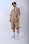 Şeritli Kahve Oversize Şort Tshirt Takım TKM138