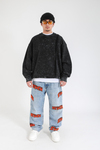 Şeritli Siyah Acid Wash Oversize Sweatshirt SW1407