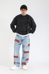 Şeritli Siyah Acid Wash Oversize Sweatshirt SW1407
