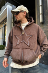 Star Patch Acid Wash Kahve Oversize Sweatshirt SW975