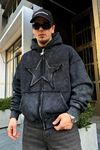 Star Patch Acid Wash Siyah Oversize Sweatshirt SW977