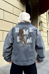 Tiger Nakışlı Oversize Gri Jean Ceket C209
