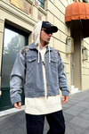 Tiger Nakışlı Oversize Gri Jean Ceket C209