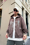 VCNTY Baskılı Kahve Oversize Zipper Sweatshirt SW858