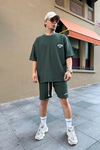 Waffle Kumaş Yeşil Overise Şort Tshirt Takım TKM133