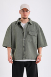 Yeşil Acid Wash Kısa Kol Oversize Gömlek G148