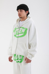 Yeşil Baskılı Beyaz Oversize Zipper Hoodie