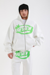 Yeşil Baskılı Beyaz Oversize Zipper Hoodie