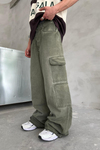 Yıkama Efektli Haki Cep Detay Baggy Jean Pantolon