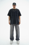Yıkama Efektli Şerit Detay Siyah Oversize Tshirt CT01 25CY031