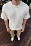 ZR Krem Örme Triko Kumaş Oversize Tshirt T1039