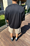 ZR Şeritli Kumaş Siyah Oversize Tshirt T1189
