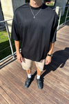 ZR Şeritli Kumaş Siyah Oversize Tshirt T1189