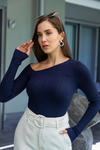 Asimetrik Yaka Bluz - LACİVERT