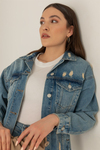 Baskılı Oversize Denim Ceket - MAVİ