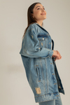 Baskılı Oversize Denim Ceket - MAVİ