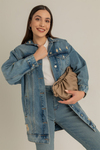 Baskılı Oversize Denim Ceket - MAVİ