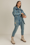 Baskılı Oversize Denim Ceket - MAVİ